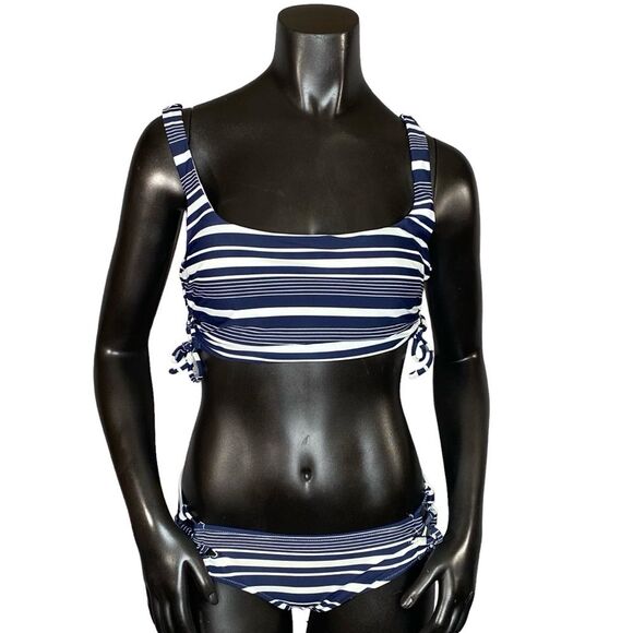 Aerie Scoop Bikini Striped Side Tie Size Medium Navy Blue White Wide Strap - Picture 1 of 5
